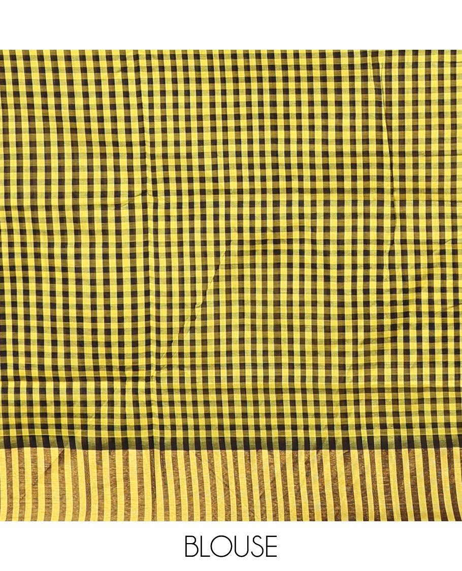 Yellow Poly Cotton Saree, Beautified with Thread Buttas All Over Its Body, Subtly Zari Woven Border, Micro-Checked Pallu, and Paired with a Contrast Blouse
