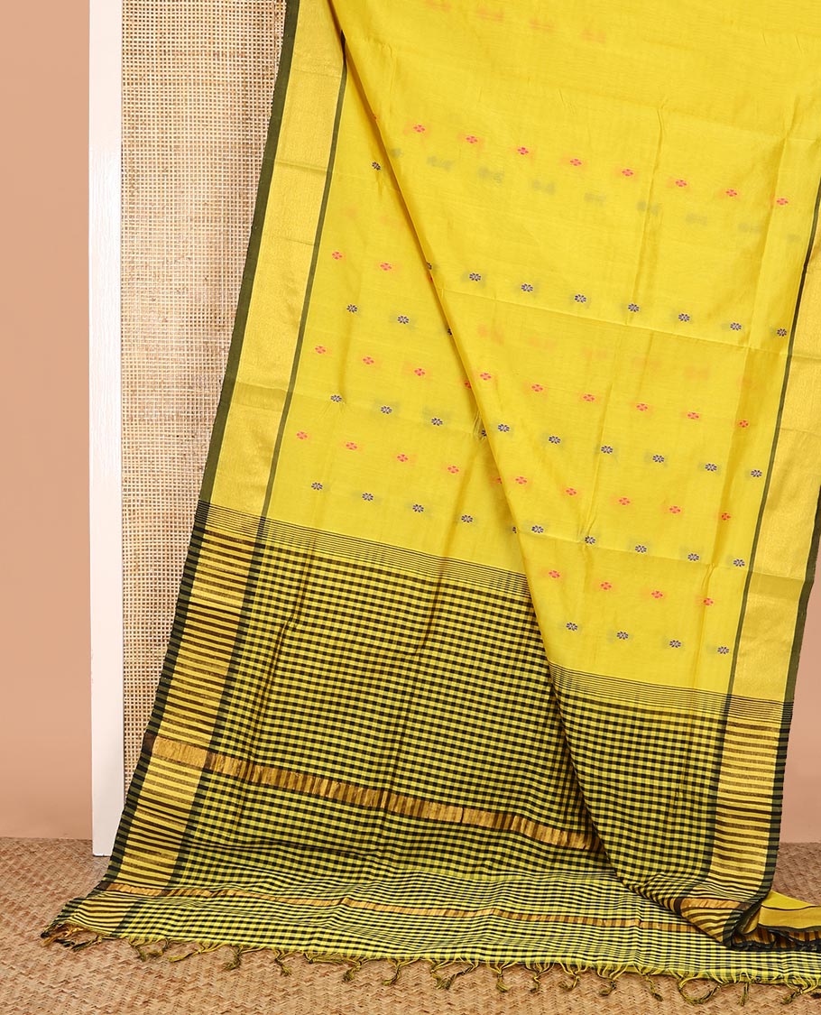 Yellow Poly Cotton Saree, Beautified with Thread Buttas All Over Its Body, Subtly Zari Woven Border, Micro-Checked Pallu, and Paired with a Contrast Blouse