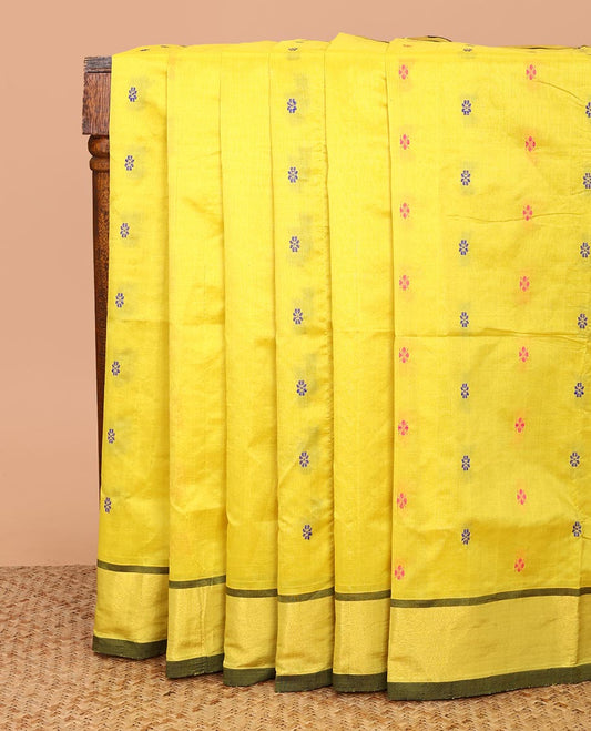 Yellow Poly Cotton Saree, Beautified with Thread Buttas All Over Its Body, Subtly Zari Woven Border, Micro-Checked Pallu, and Paired with a Contrast Blouse