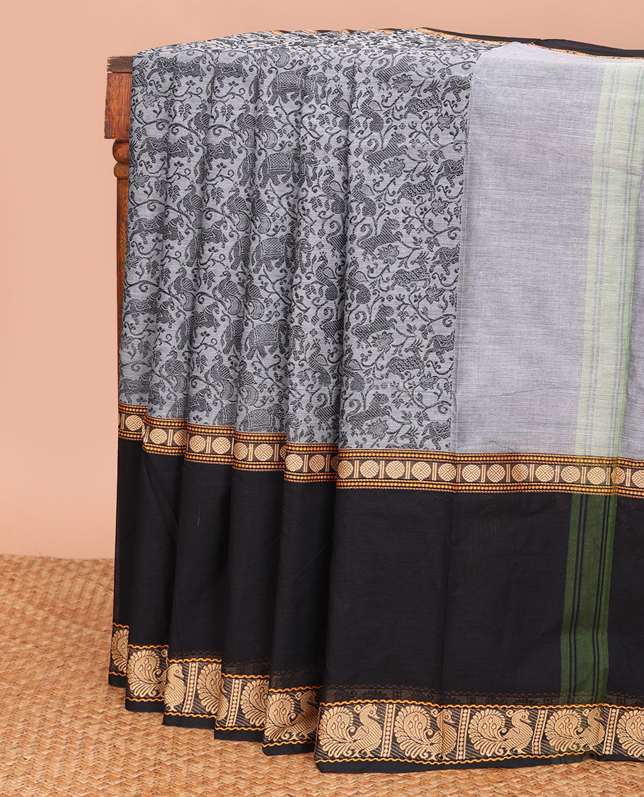 Grey vanasingaram design Chettinad cottton saree,  contrast rettai pettu thread border of rudraksham, and peacock design, and striped pallu