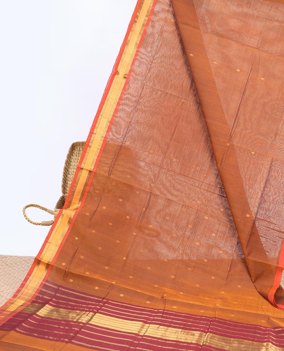 Orange zari buttas Vengatagiri cotton saree, contrast zari border & striped pallu