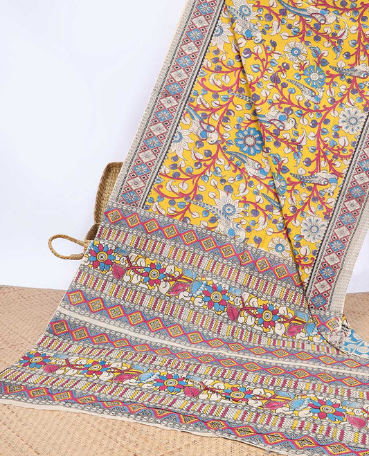 Yellow floral & bird machine-print kalamkari cotton saree, contrast diamond border & kaleidoscopic floral printed pallu