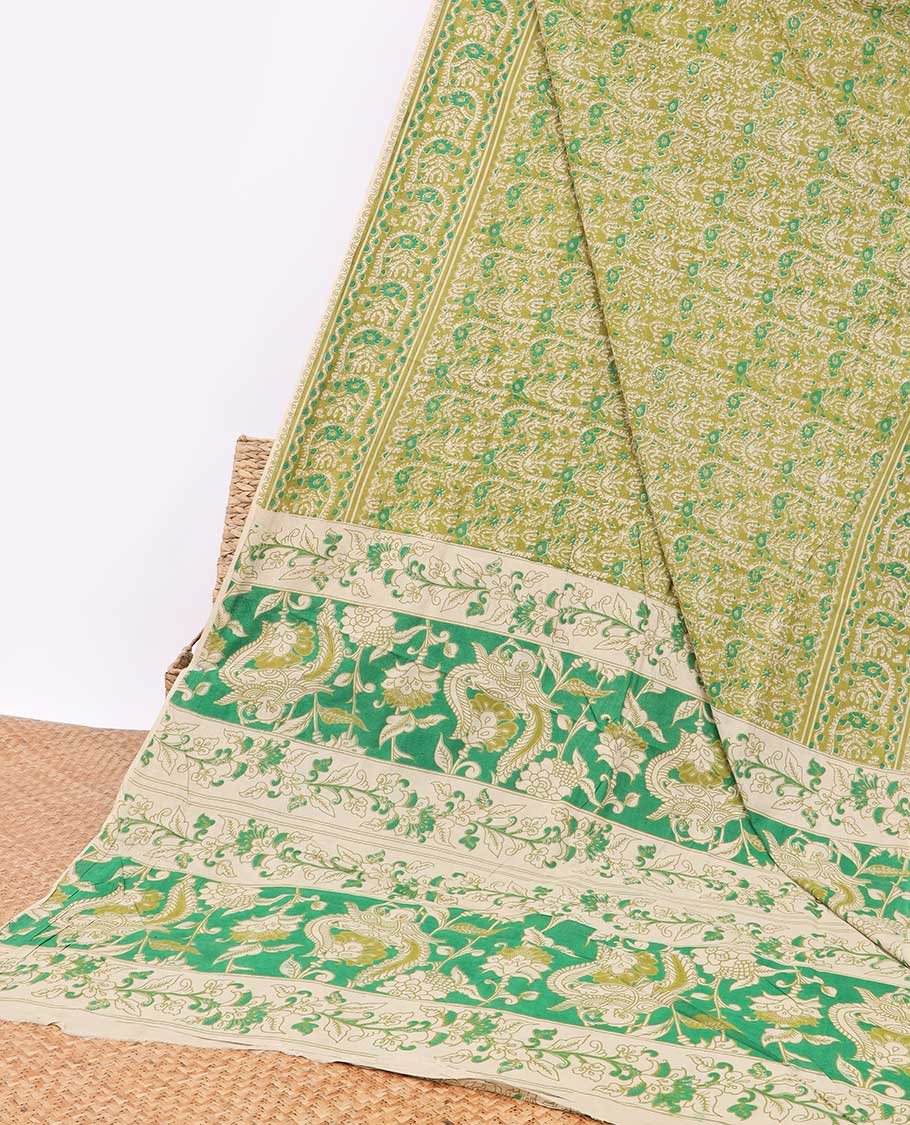 Green floral design machine-printed kalamkari cotton saree with contrast border & intricate floral design pallu