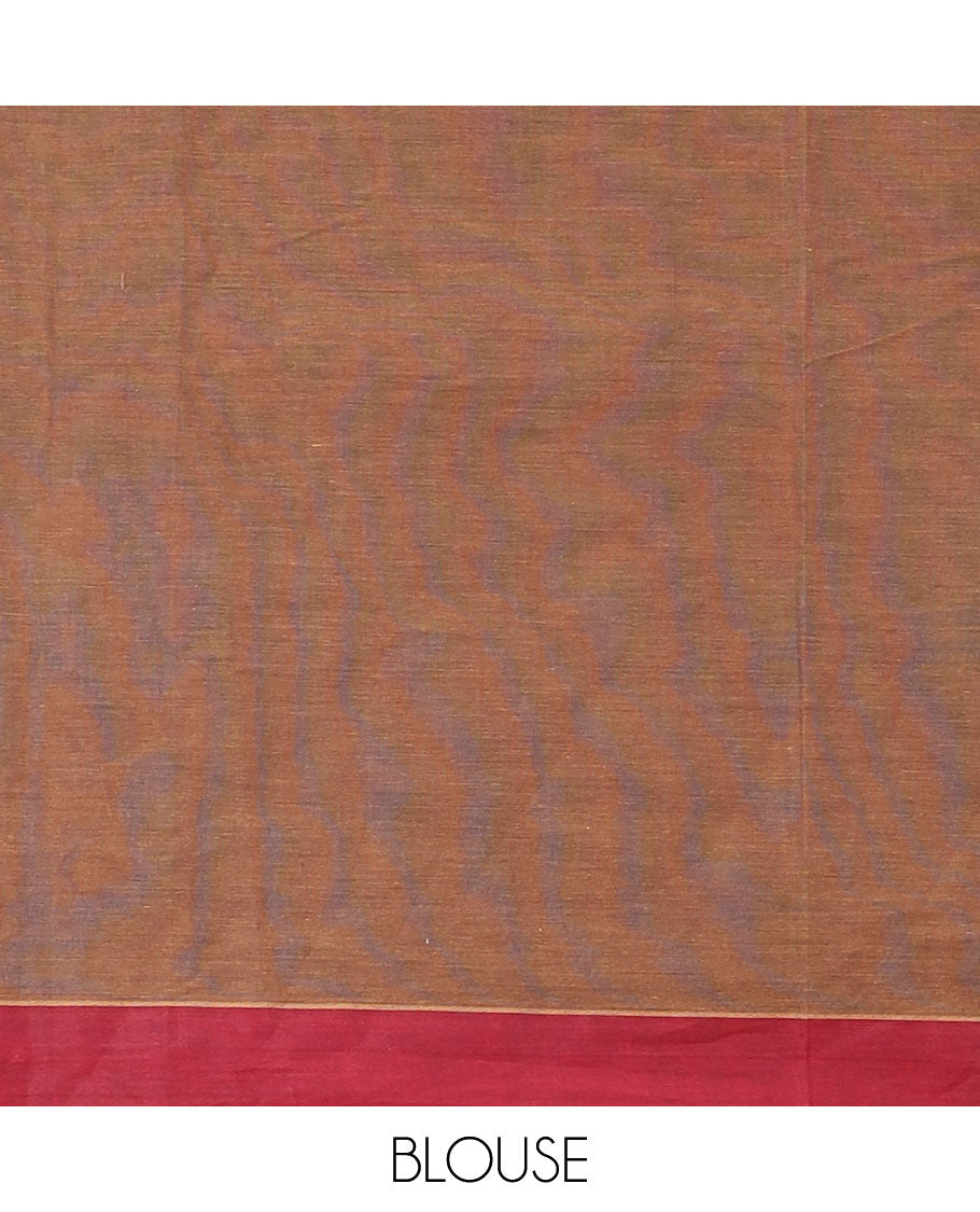 Brown thread geometric patterns coimbatore cotton saree, contrast plain border, and pallu of intricate motifs