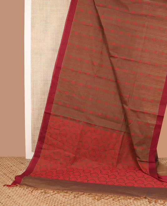 Brown thread geometric patterns coimbatore cotton saree, contrast plain border, and pallu of intricate motifs