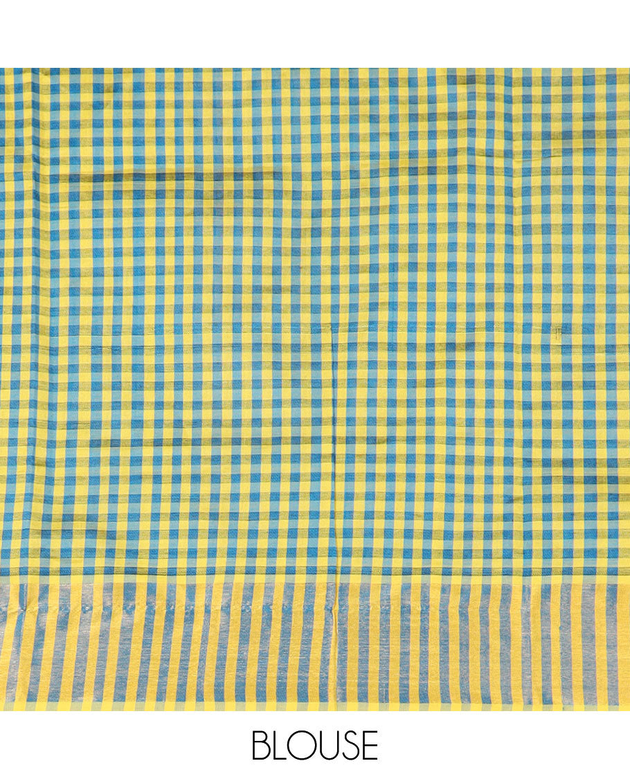 Blue buttas poly cotton saree, bavanji border, and checked pallu