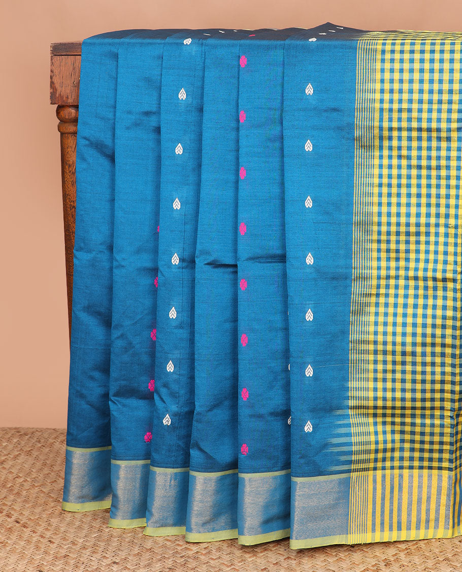 Blue buttas poly cotton saree, bavanji border, and checked pallu