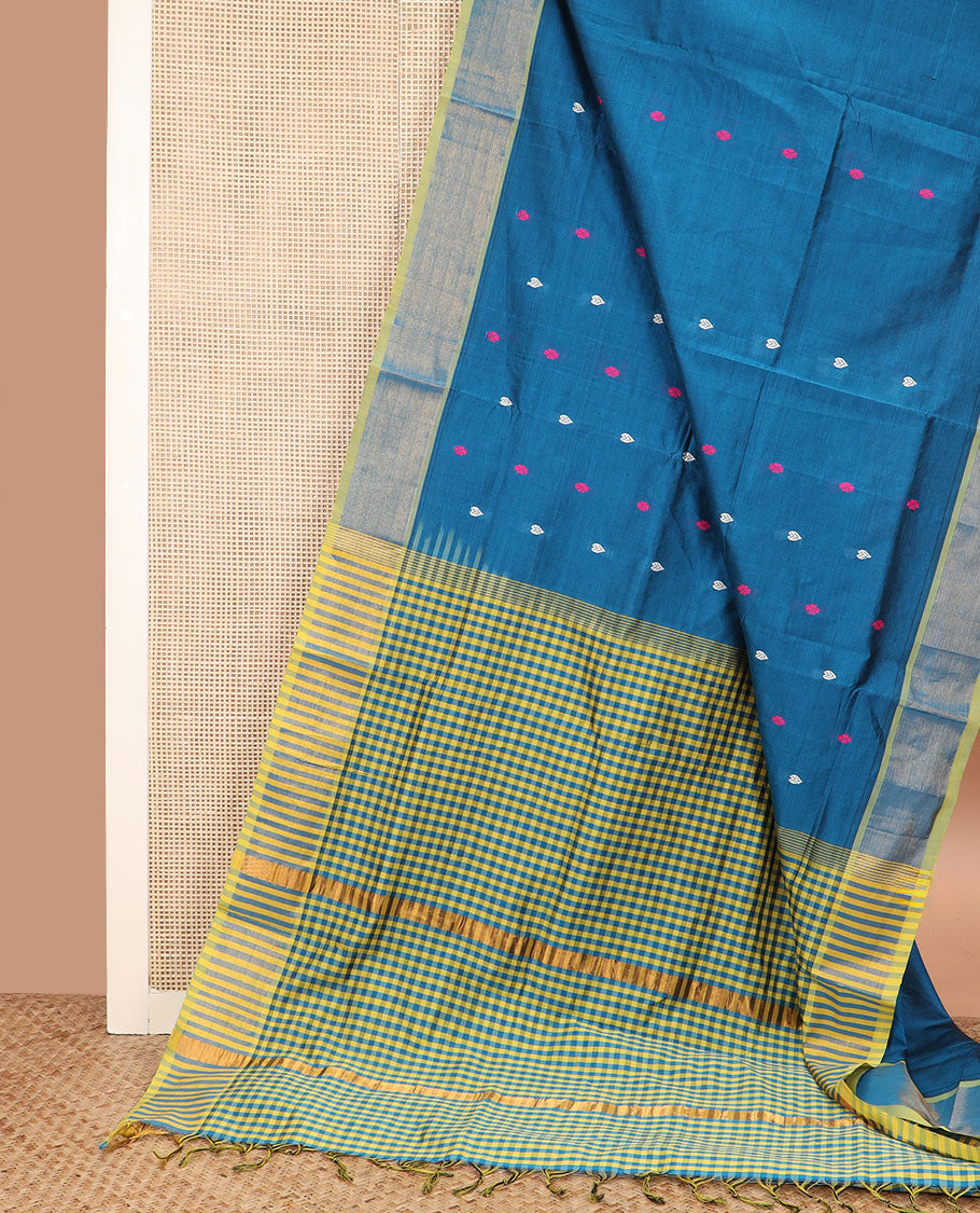 Blue buttas poly cotton saree, bavanji border, and checked pallu