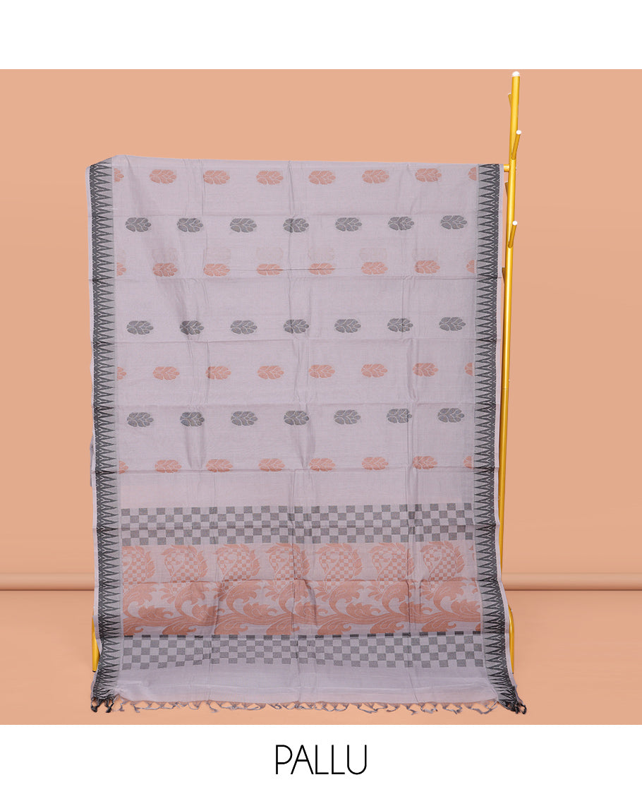 Grey Kanchi Cotton Saree, Woven with Buttas All Over Its Body, Subtle Temple Border, Pallu of Paisleys, Floral and Checks, and Paired with a Matching Blouse