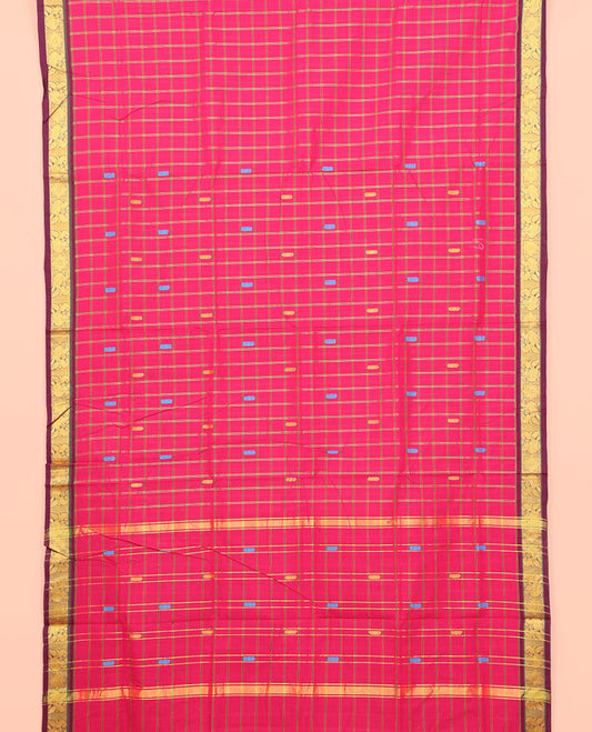 Pink Nine Yard Cotton Saree, Adorned with Butta and Checks, Complemented by Contrast Peacock Border, Pallu of Stripes and Buttas, and Comes Without a Blouse