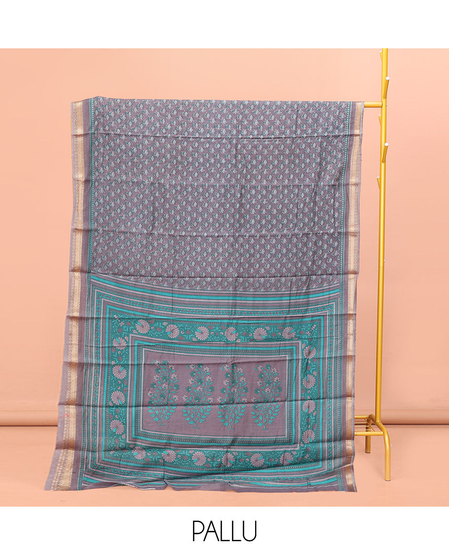 Grey Kanchi Cotton Saree, Bedecked with Floral Motifs Printed All Over Its Body, a Subtle Traditional Temple Border, Pallu of Floral Print, and Paired with a Matching Blouse