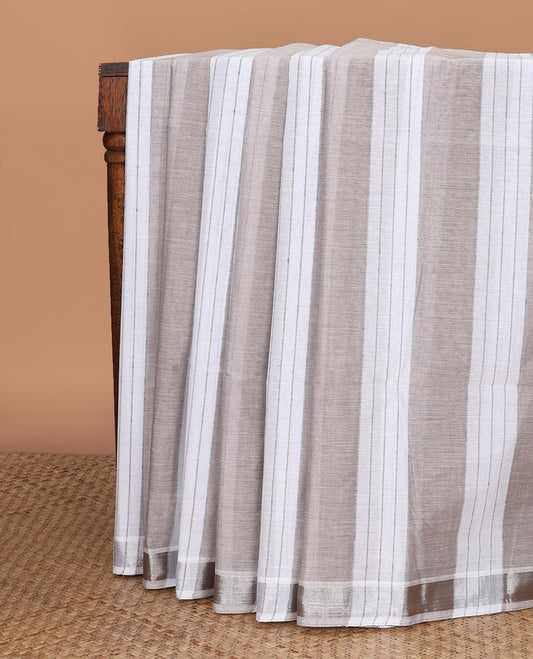 Brown striped jute cotton saree, zari self-border & pallu of stripes