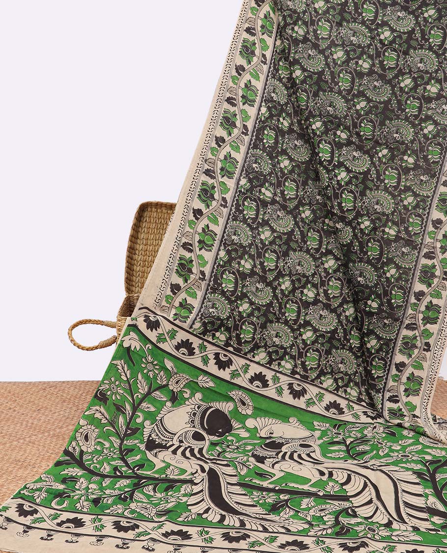 Black floral vine design machine printed kalamkari cotton saree with contrast floral border & peacock,floral design pallu