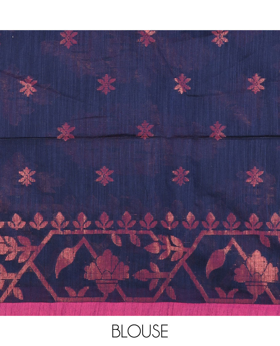 Navy Blue zari buttas Kadhi cotton saree, paithani-style floral-theme zari woven border & paithani-style motifs zari woven pallu