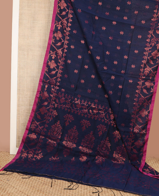 Navy Blue zari buttas Kadhi cotton saree, paithani-style floral-theme zari woven border & paithani-style motifs zari woven pallu