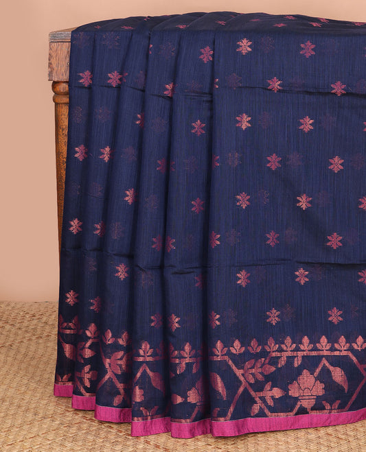 Navy Blue zari buttas Kadhi cotton saree, paithani-style floral-theme zari woven border & paithani-style motifs zari woven pallu