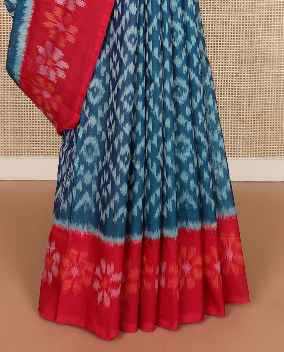 Blue jaal-patterned pochampally cotton saree, contrast flower design border & geometric-patterned pallu