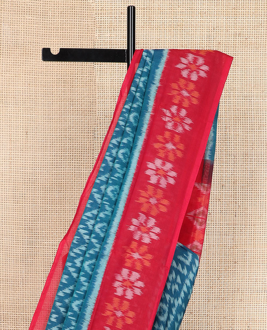 Blue jaal-patterned pochampally cotton saree, contrast flower design border & geometric-patterned pallu
