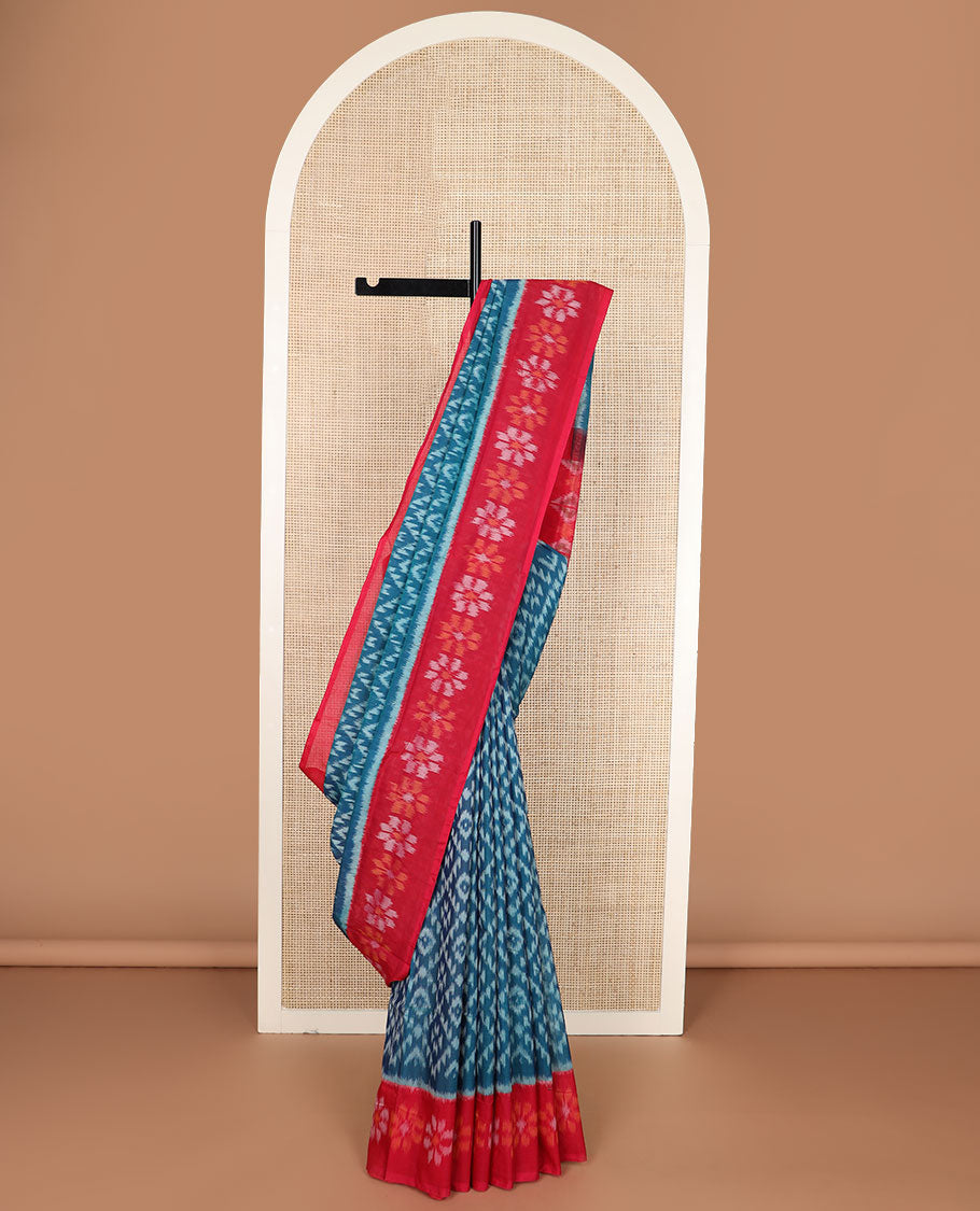 Blue jaal-patterned pochampally cotton saree, contrast flower design border & geometric-patterned pallu