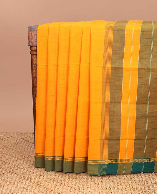 Orange coimbatore cotton saree with contrast temple border & striped pallu