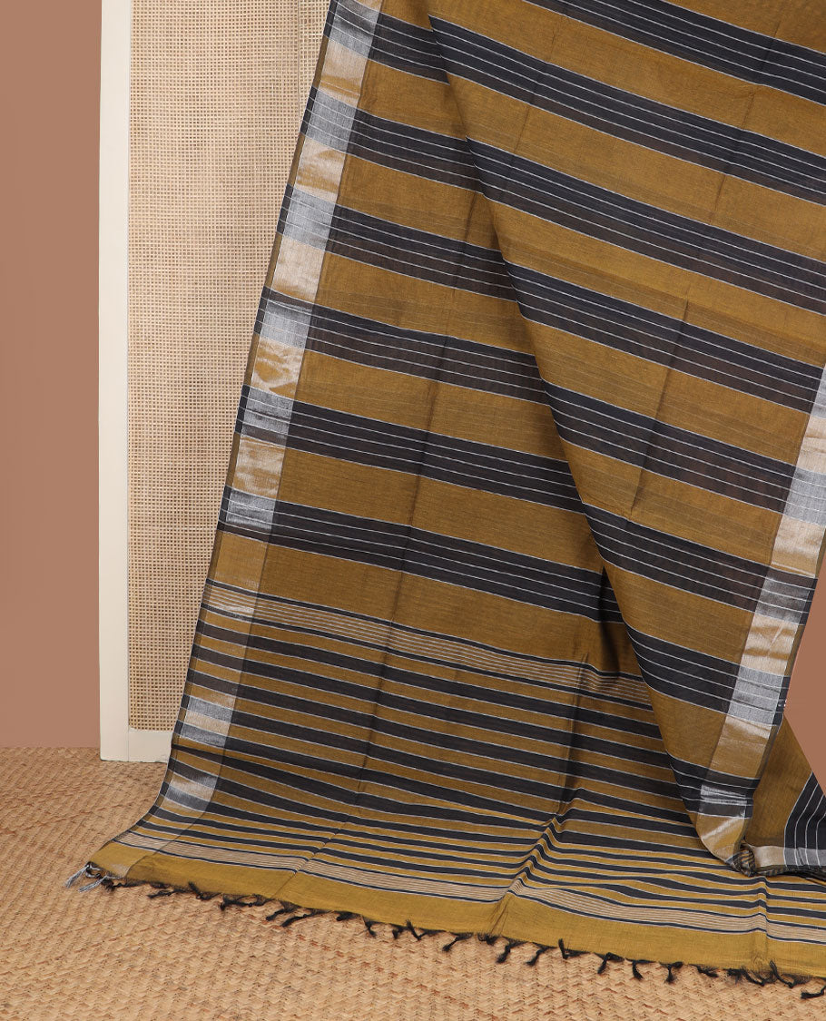 Brown & black striped jute cotton saree, zari woven border & striped pallu