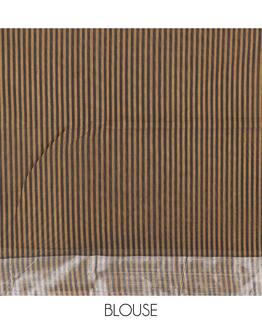 Brown & black striped jute cotton saree, zari woven border & striped pallu