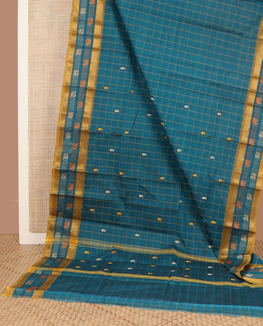 Blue checked & paisley buttas Chettinad cotton saree, traditional design border & paisley buttas pallu