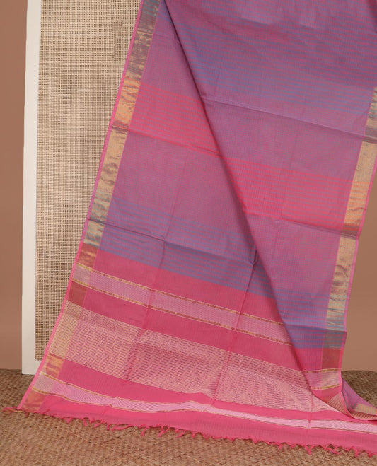 Pink thread vertical striped jute cotton saree, zari border and zari striped pallu
