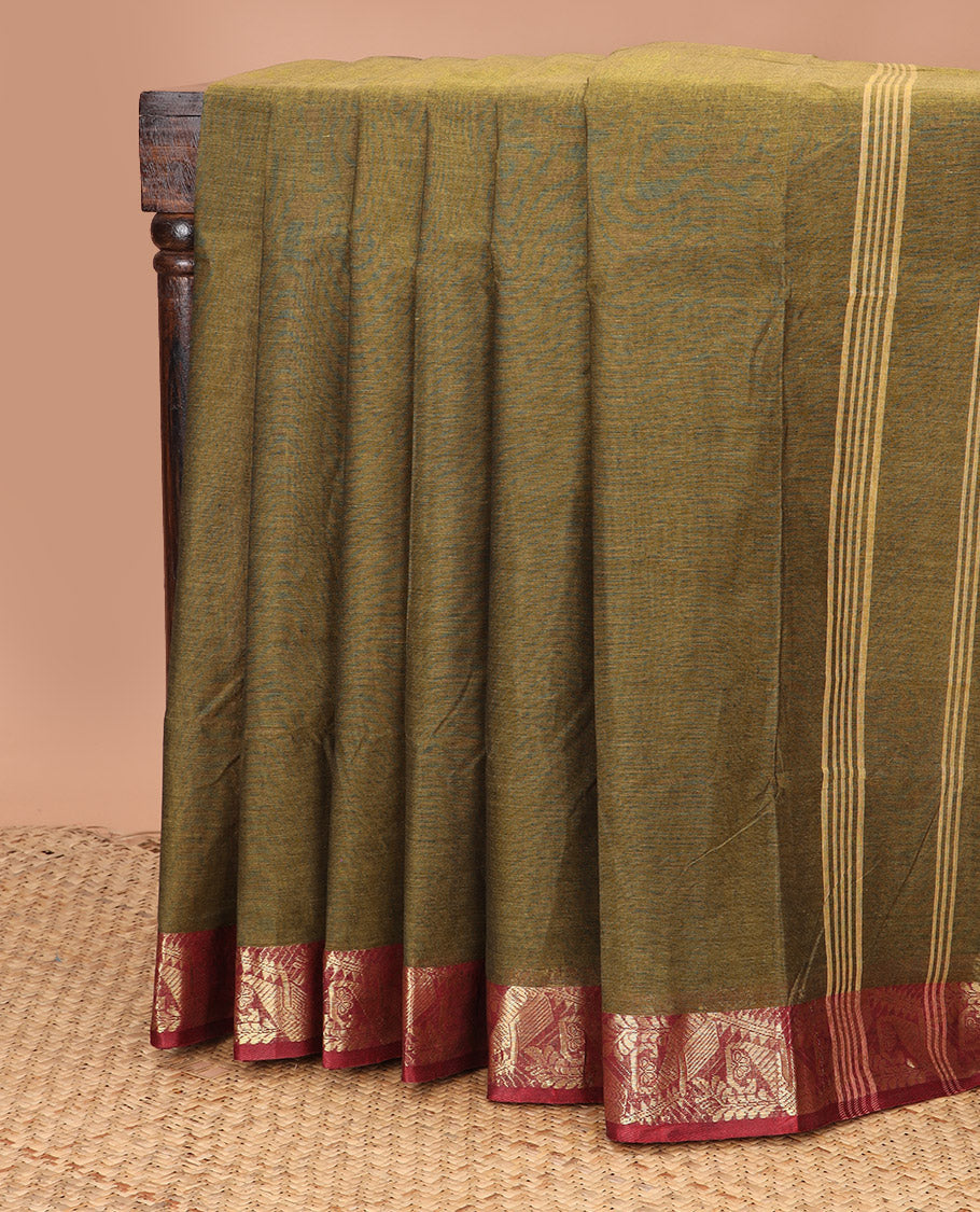 Mehendi green plain Bengal cotton saree, contrast paisley zari border, and striped pallu