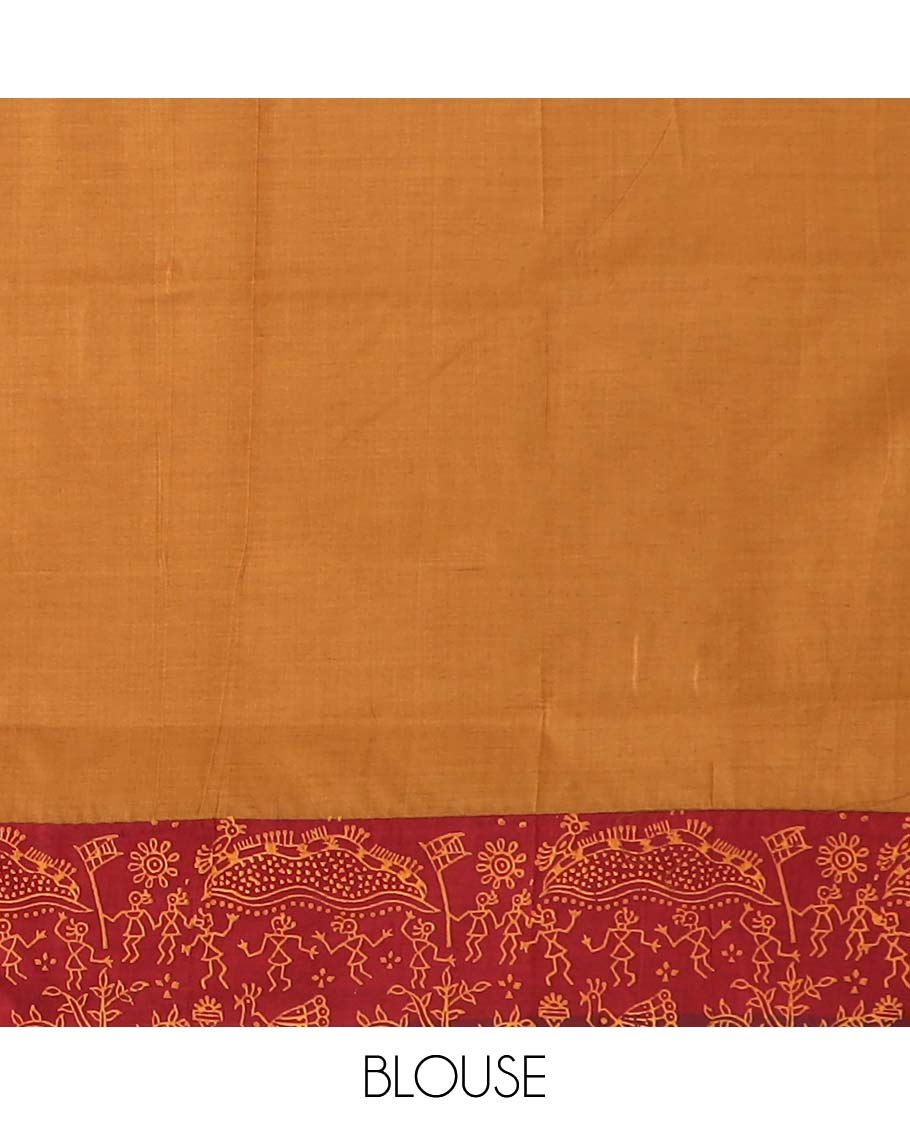 Red warli village theme buttas block printed poly cotton saree, contrast peacock printed border, and floral printed pallu