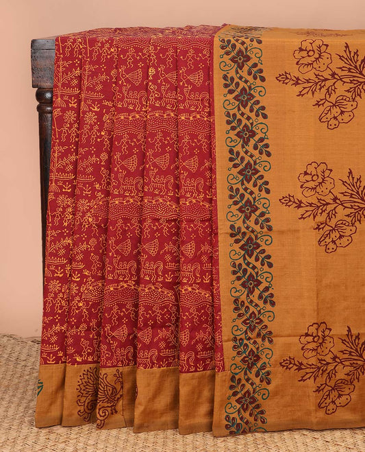 Red warli village theme buttas block printed poly cotton saree, contrast peacock printed border, and floral printed pallu