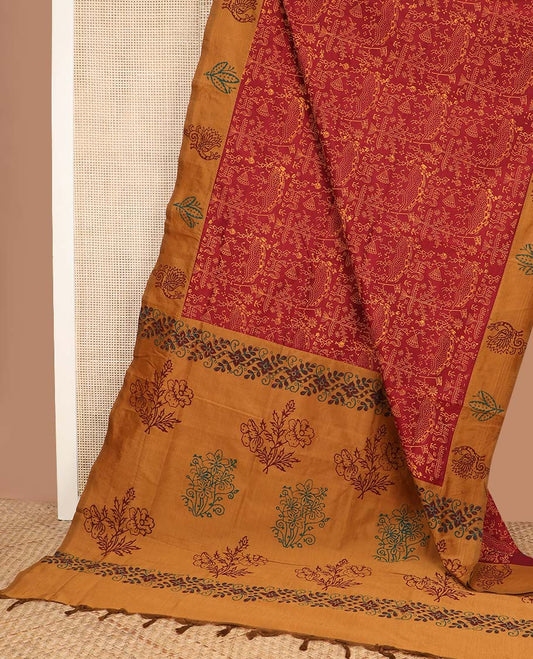 Red warli village theme buttas block printed poly cotton saree, contrast peacock printed border, and floral printed pallu