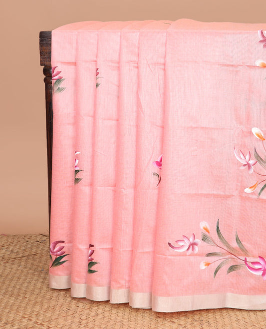Pink hand brushing style floral printed chirala cotton saree, bavanji border, and contrast floral print pallu