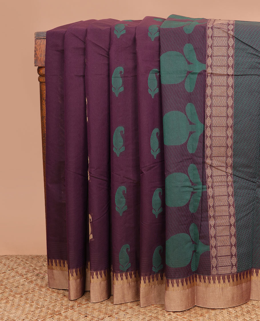 Maroon buttas kanchi cotton saree, contrast temple border, and pallu of paisley and geometric designs