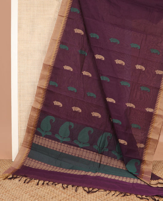 Maroon buttas kanchi cotton saree, contrast temple border, and pallu of paisley and geometric designs