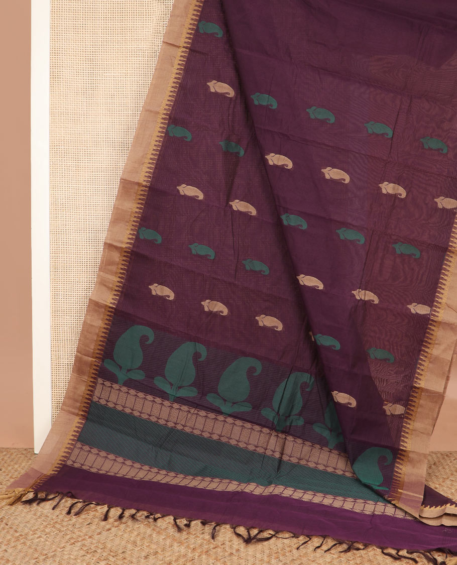 Maroon buttas kanchi cotton saree, contrast temple border, and pallu of paisley and geometric designs