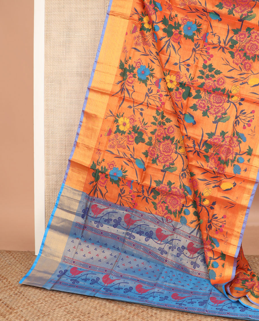 Orange floral printed Andhra cotton saree, contrast bavanji border, and pallu of bird and floral print