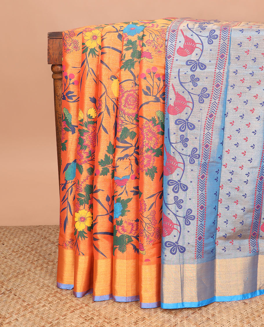 Orange floral printed Andhra cotton saree, contrast bavanji border, and pallu of bird and floral print