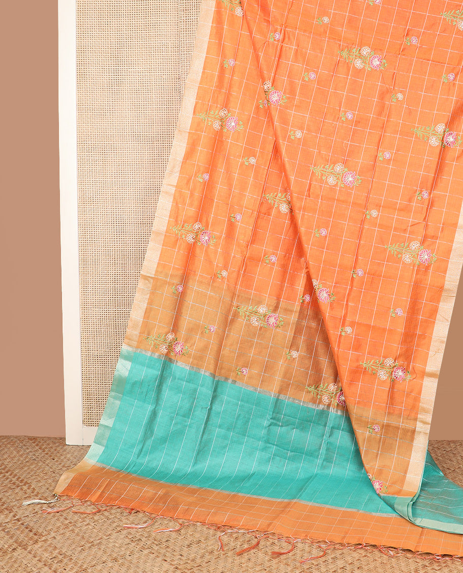 Orange checked with floral embroidered chirala cotton saree, plain border, and contrast striped pallu
