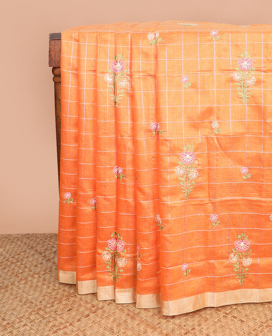 Orange checked with floral embroidered chirala cotton saree, plain border, and contrast striped pallu
