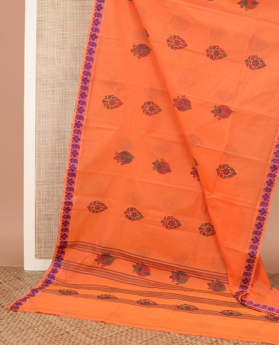 Orange buttas Chettinad cotton saree, unique design border, and striped pallu