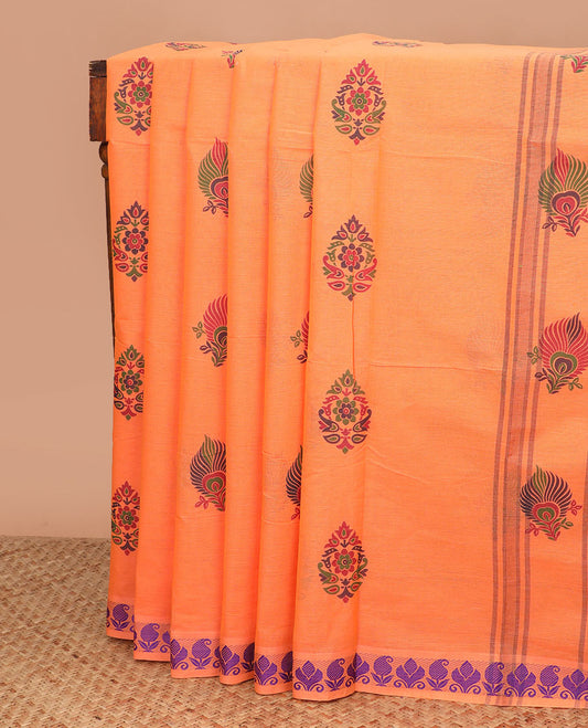 Orange buttas Chettinad cotton saree, unique design border, and striped pallu