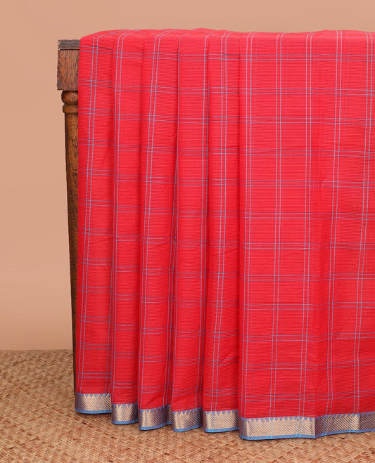 Red checked Mangalgiri cotton saree, contrast traditional zari border, zari pallu, and a matching blouse