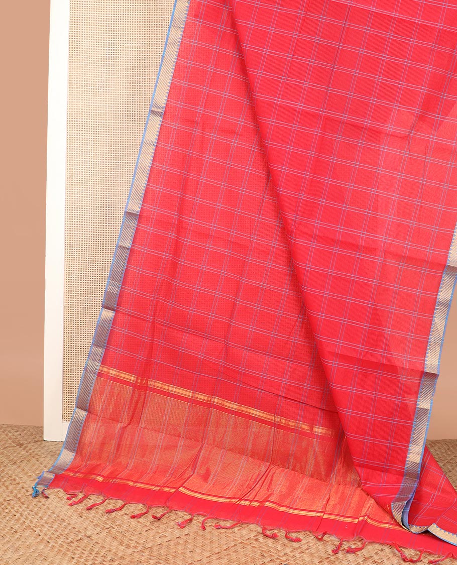 Red checked Mangalgiri cotton saree, contrast traditional zari border, zari pallu, and a matching blouse