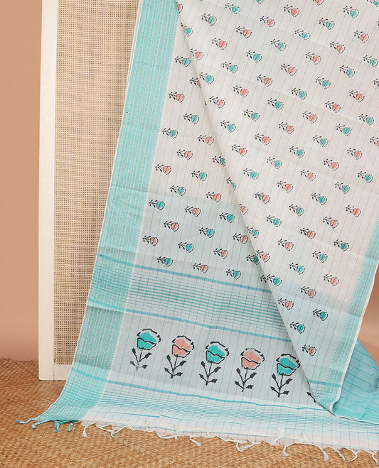 White floral motifs and stripes printed chirala cotton saree, traditional design border, and pallu of floral motifs and stripes print