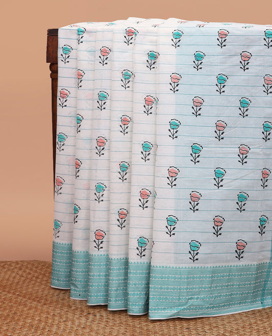 White floral motifs and stripes printed chirala cotton saree, traditional design border, and pallu of floral motifs and stripes print