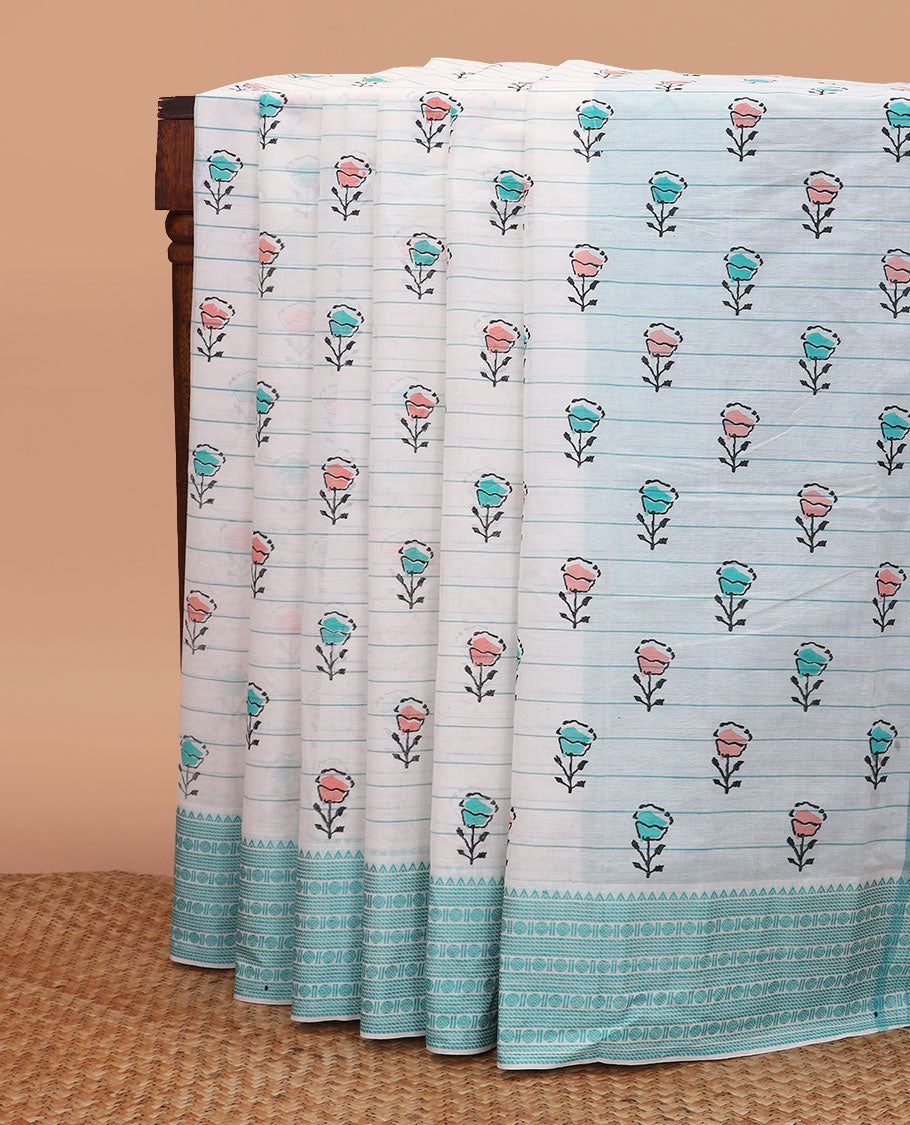 White floral motifs and stripes printed chirala cotton saree, traditional design border, and pallu of floral motifs and stripes print