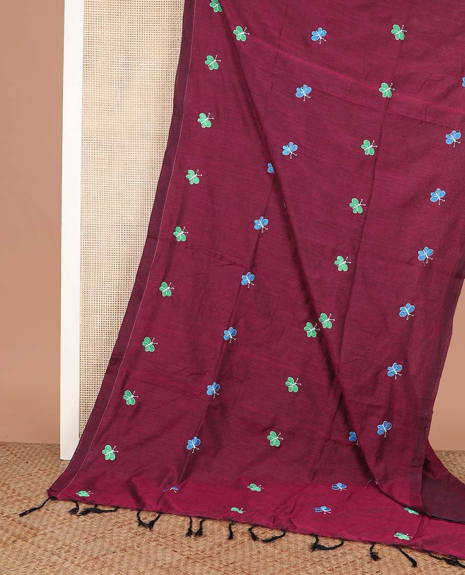 Wine Khadi Cotton Saree Creatively Embroidered with Colorful Butterfly Motifs, Pallu Beautifully Decked Up with Butterfly Embroidery, and Paired with a Matching Blouse