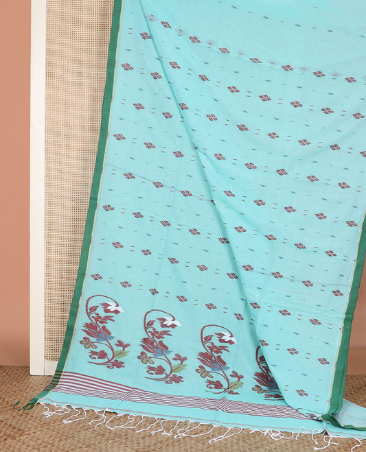 Blue buttas Khadi cotton saree, contrast plain border, and pallu of thread woven jamdani floral designs