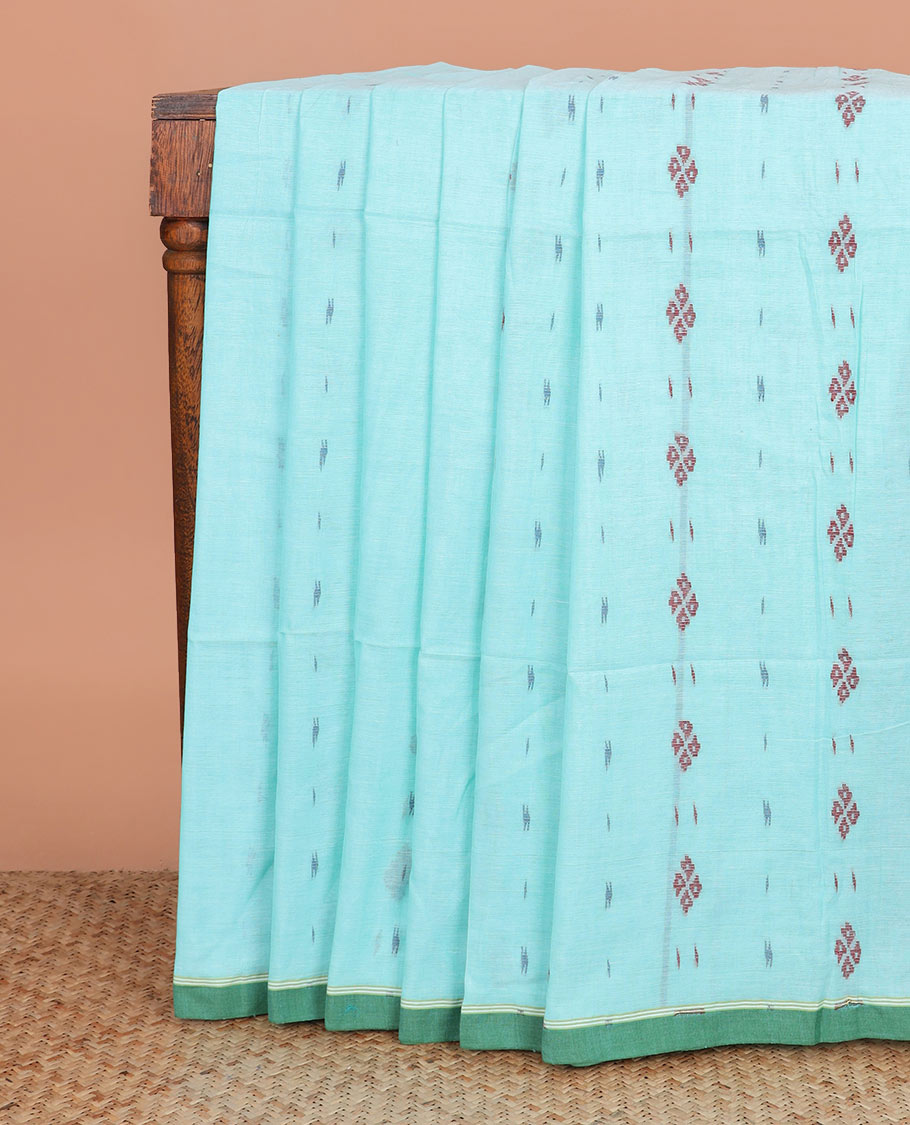 Blue buttas Khadi cotton saree, contrast plain border, and pallu of thread woven jamdani floral designs